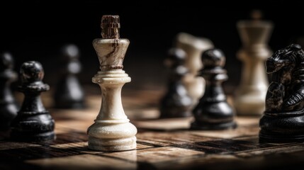 Chess King's Dominion: The image captures the strategic intensity of chess, with the King piece prominently displayed amidst a chessboard, symbolizing power, strategy, and calculated decision-making.