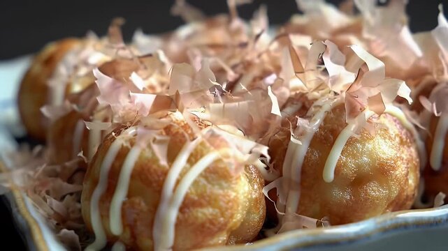 Close Up of Golden Takoyaki Balls Drizzled with Mayonnaise and Katsuobushi Flakes on a Rectangular Ornate Plate Displaying the Savory Japanese Street Food Cuisine with Rich Texture and Color