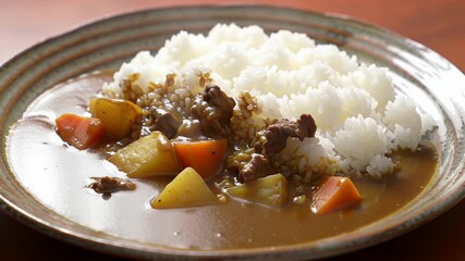 Close Up of Japanese Curry Rice Featuring Tender Beef Chunks Carrot and Potato Served on Fluffy White Rice a Traditional Culinary Masterpiece Perfect for National Curry Day Celebration and Food
