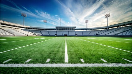 Fototapeta premium Empty American Football Stadium: Dramatic Sunrise, Lush Green Field, Modern Design.