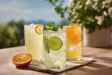Fototapeta premium refreshing scene featuring delicious cocktails and lemonades adorned with bright fruits and ice perfect for sunny