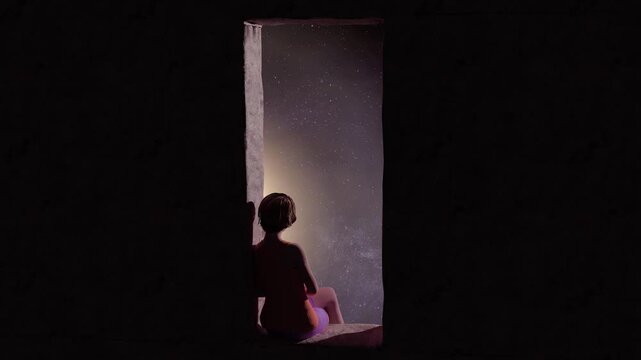 Girl sitting relaxed in a narrow window at night and looking outside towards the full moon. Camera zooms into the window. 3D illustration	
