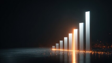 Financial Growth Bar Graph: A striking bar graph ascends dramatically, its radiant glow symbolizing the dynamic rise of financial progress and representing the forward surge of commerce.