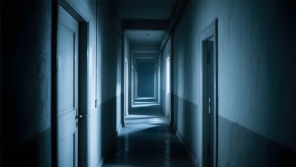 Dimly Lit Hallway with Closed Doors and Receding Perspective