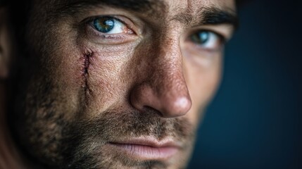 Obraz premium a close-up portrait of a man with a determined expression, featuring a scar