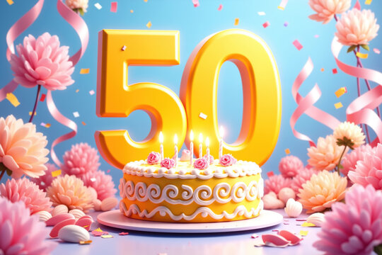 The scene shows a yellow cake with white frosting and pink roses on top, surrounded by pink flowers, ribbons, and confetti, celebrating a 50th birthday with large gold numbers 50 behind the cake. - Powered by Adobe