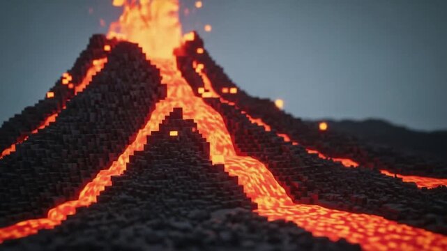Volcano erupting with lava flow, dark blocks and bright orange magma