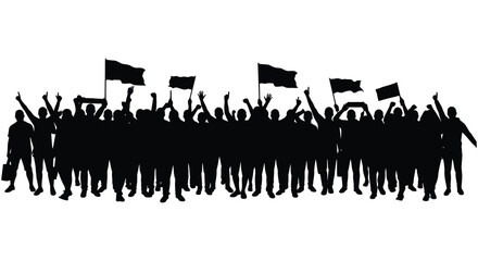 A group of people protesting with flags and raised fists in silhouette