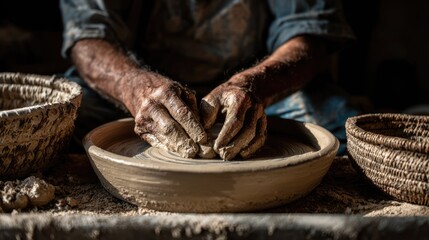 a craftsman skillfully shapes clay on a potter's wheel, hands covered in wet clay, creating a unique pottery piece