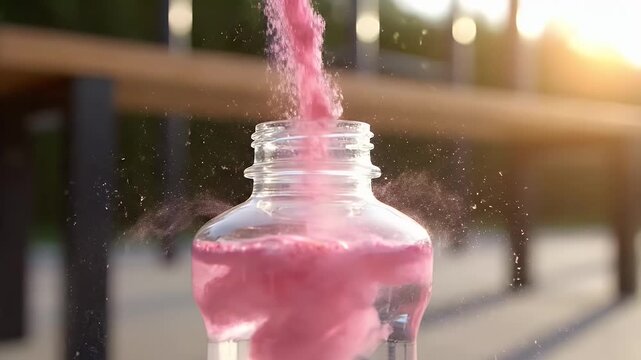 Macro slow-motion pour of bright electrolyte powder into a sports bottle at an outdoor bench, swirling cloud and sun flare, energetic hydration vibe