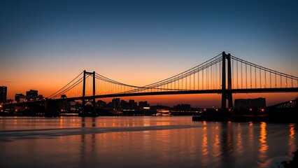 Obraz premium Silhouetted suspension bridge at dusk with city lights
