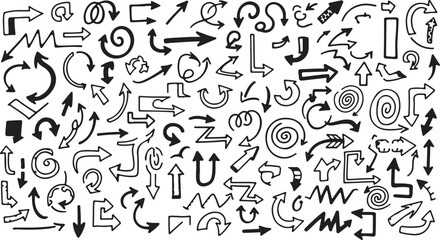 Collection of Hand Drawn Doodle Arrows and Swirls in Black Ink sketch drawing