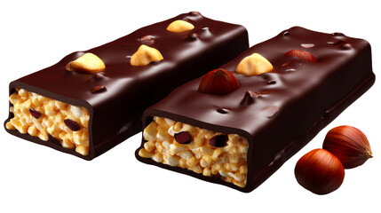 Chocolate coated cereal bar with hazelnuts and dried berries