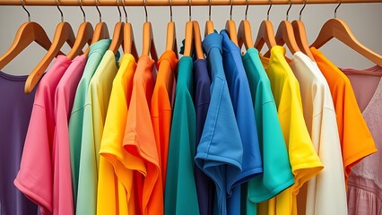 Fototapeta premium Vibrant rainbow-colored garments displayed neatly on wooden hangers in a minimalist style.