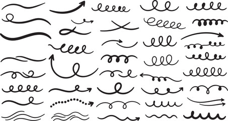 Collection of hand-drawn black arrows and wavy lines on white background curve swirl