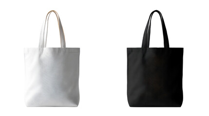 Two canvas tote bags, one white and one black, displayed side-by-side
