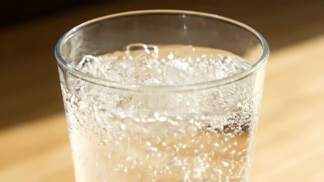Macro pan as an effervescent tablet drops into a morning glass, lively fizz and surface bubbles, bright mindful start to the day
