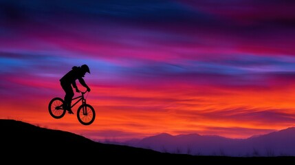 Fototapeta premium Silhouette of BMX cyclist jumping against sunrise