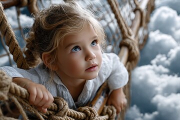 Child gazing at the sky while seated in a woven structure under a cloudy backdrop