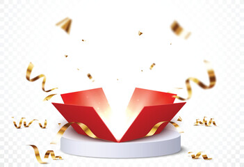Open box with podium and confetti