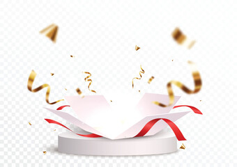 Open box with podium and confetti