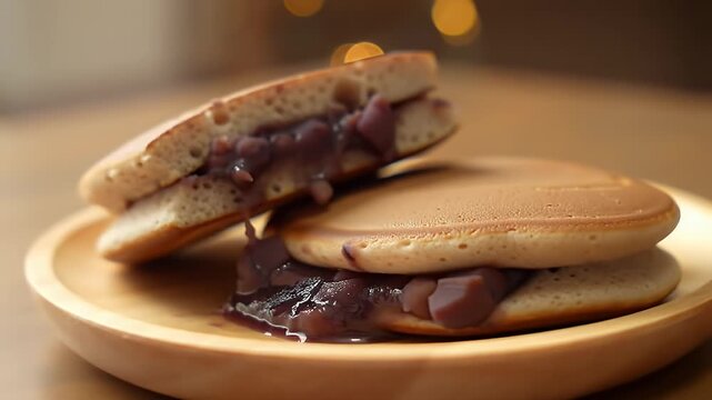Close Up Shot of Golden Brown Dorayaki Pancakes Filled with Sweet Azuki Bean Paste Anko on a Light Wooden Plate with Blurred Bokeh Background Japanese Confectionery Snack and Dessert