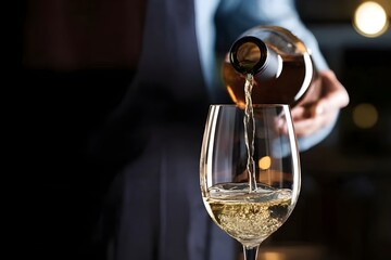 Pouring white wine from a bottle into a clear glass with a blurred background and a blue shirt arm visible