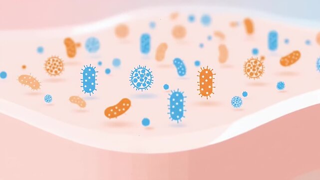 Gentle scientific animation of skin layers with balanced microbiome particles as a protective layer forms, soft pastel wellness vibe