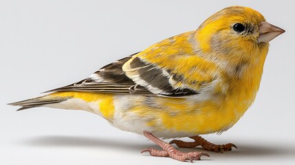 Fototapeta premium Small yellow bird with grey & white details perched on a white surface in a studio shot