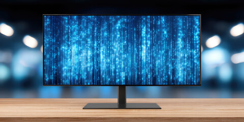 A computer monitor displays a digital blue matrix pattern on a wooden table. Concept of technology and data visualization