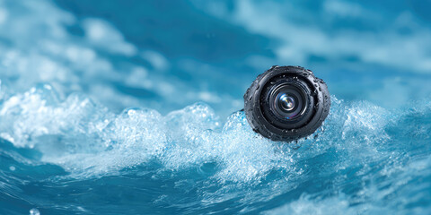A camera lens is floating on moving water, surrounded by splashes. Photography and adventure in nature concept