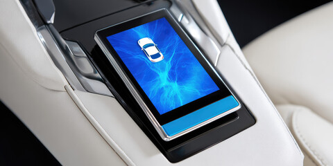 A touchscreen displaying a car graphic is integrated into the center console of a vehicle, along with a blue interface. High-tech automotive interface concept