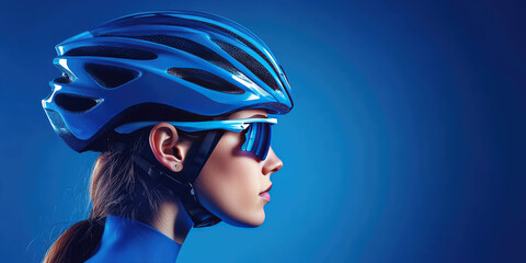 A woman wearing a blue cycling helmet and sports sunglasses is in profile view. Concept: Sporty fashion and safety gear