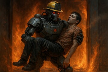 Fototapeta premium Heroic robotic rescue, futuristic AI robot saving lives in emergency scenario