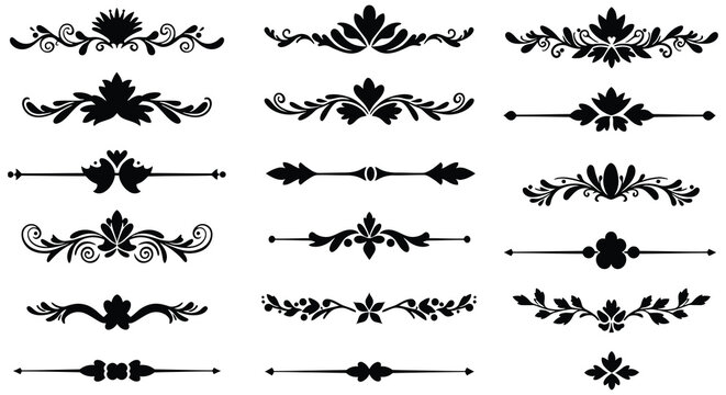 Collection of ornate black dividers and floral design elements on white background