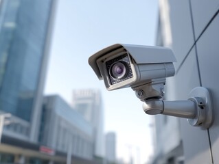 Outdoor security camera in front of city buildings