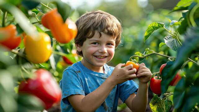 the child collects pepper. Selective focus