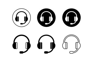 Collection of six headset icons in black and white showing communication and support devices