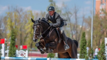 Impressive Horse and Rider Jumping Over Barrier in Clearing