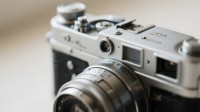 Close-up of a vintage rangefinder camera with detailed lens and body features