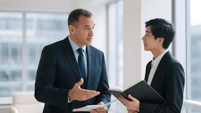 Two professionals in suits discussing documents in a modern office setting.
