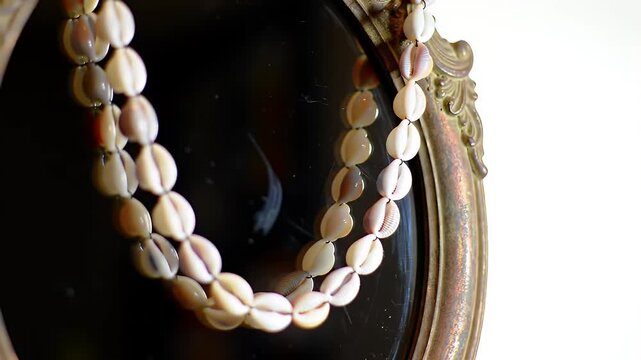Cowrie Shell Necklace Draped on a Gold Vintage Frame with Soft Lighting Perfect for Summer Coastal Decor and Jewelry Concepts and Accessories Featuring a Luxurious Decorative Frame Element and