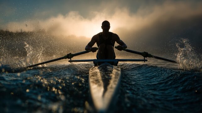 Rower at Maximum Exertion During Stroke in Serene Waterscape
