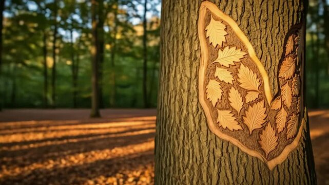 Carving of leaves pattern on the tree bark in the forest scenery