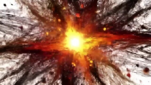 Abstract painterly explosion radiates outward, fiery energy surges, dissipates across blank white void in 8s