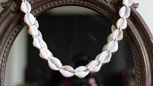 Decorative Cowrie Shell Necklace Draped over Ornate Framed Mirror Revealing a Close Up Shot with Textured Aesthetic Emphasizing Coastal Themes and Summer Vacation Vibes Depicting a Handcrafted