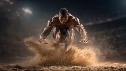Athletic Long Jump Action Above Sand Pit with Dynamic Energy