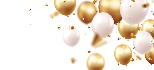 Celebration banner with gold confetti and balloons