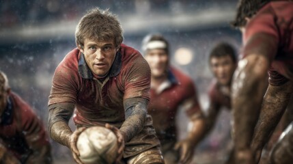 Fototapeta premium Intense Rugby Scrum Half Passing Ball from Ruck in Muddy Play