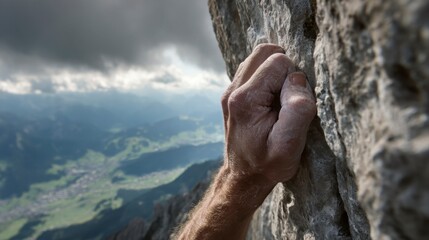 Climber Hand Gripping Rocky Surface on Mountain Ascent Adventure